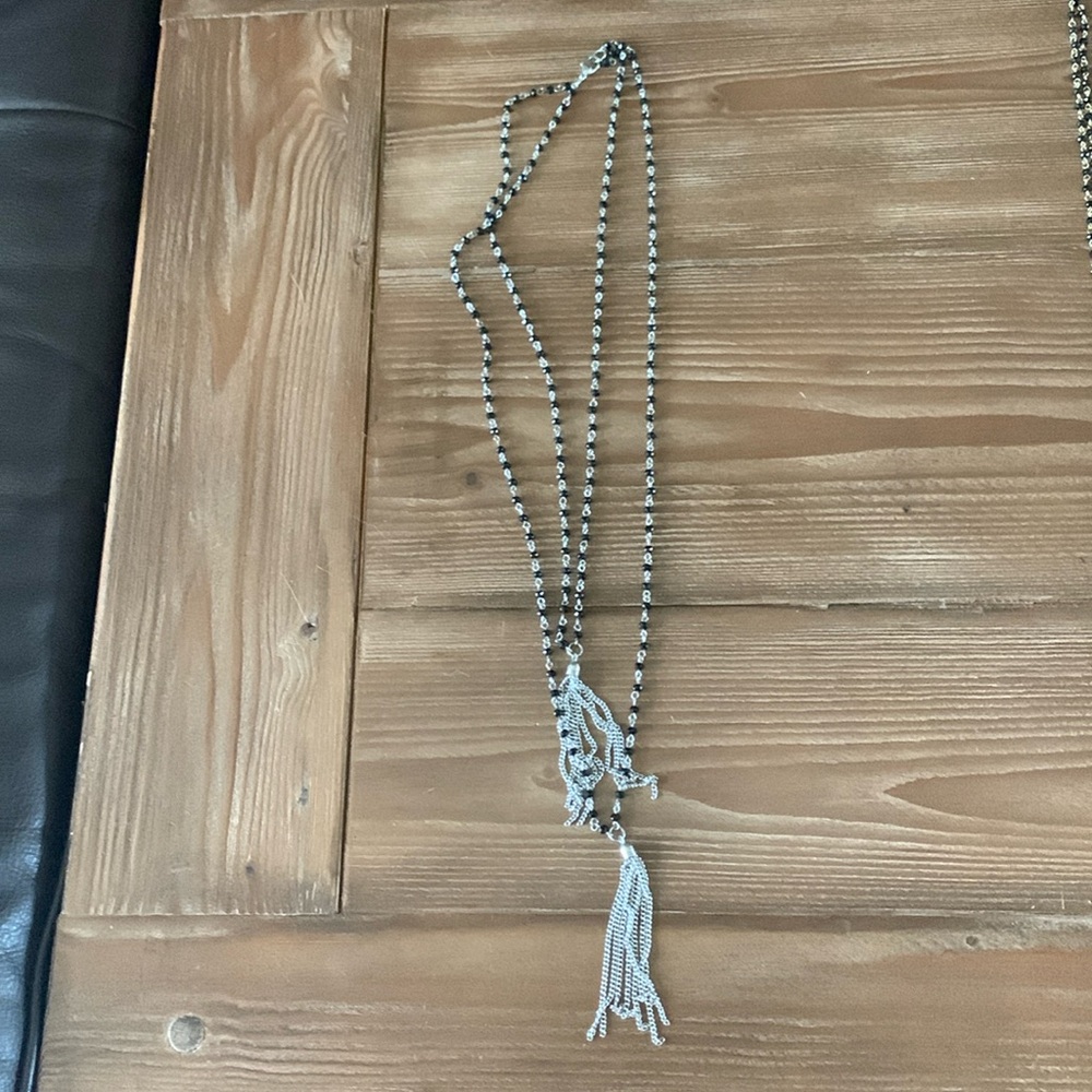 Double Silver / Black Beaded Tassel Necklace